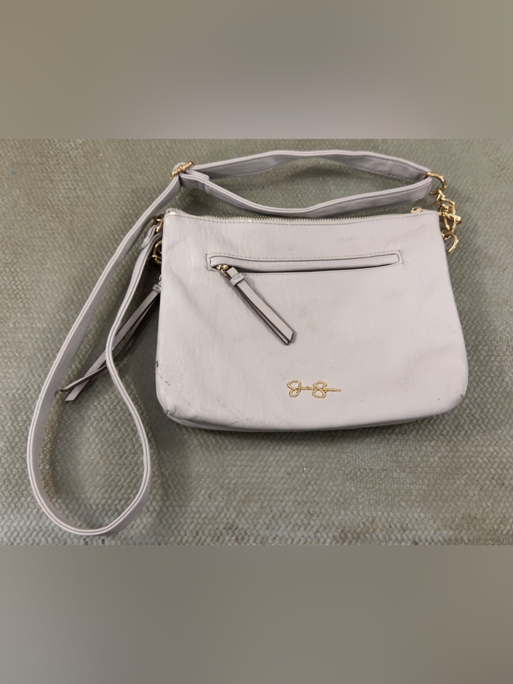Jessica Simpson Light Gray Leather Crossbody with Gold Logo
